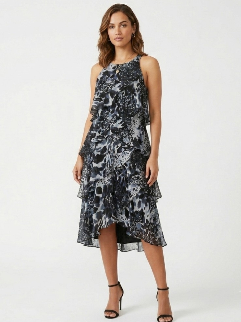 SL Fashions Tiered High-Low Animal-Print Dress in Black and Gray